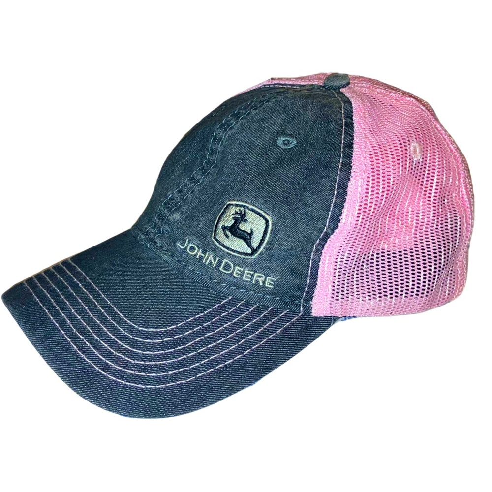 Pink and black denim John Deere trucker hat